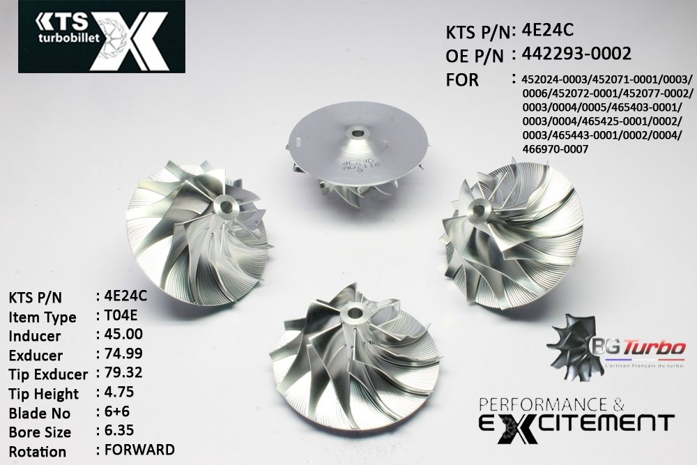 Turbo ROUE FORGÉE MFS PERFORMANCE - 6+6 PALES - INDUCER : 45 - EXDUCER : 74,99 - TYPE : T04EANGLE : 65° - ROTATION : Forward - SUPER BACK : 4,96 - BORE SIZE : 6,35
